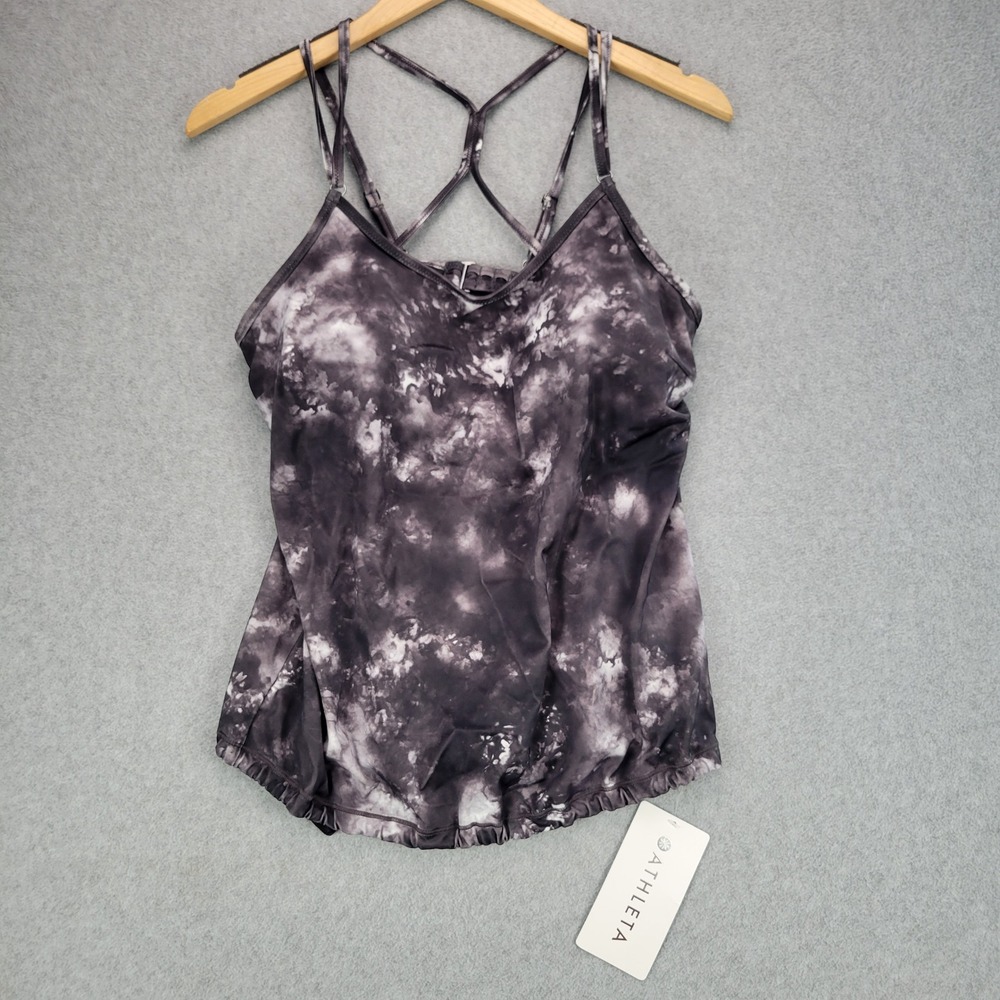 Athleta Supernova Blousy Tankini Women 36D/DD Black Tie Dye Strappy Underwire